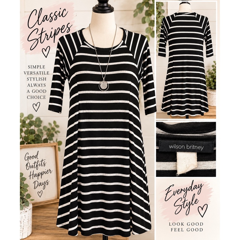 Allison Brittney Black White Striped A-Line Dress Elbow Sleeve Small